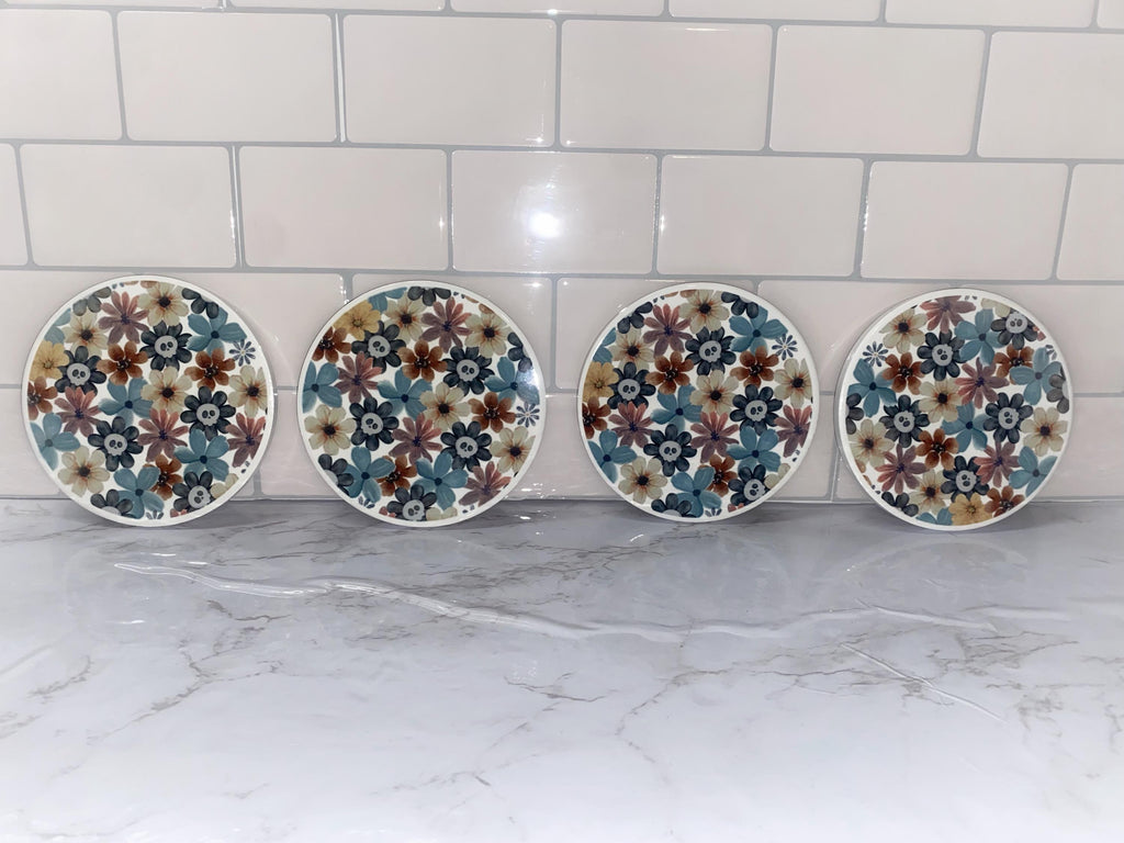 Fall Floral Skeleton Coasters: Spooky Halloween Decor, Set of 4