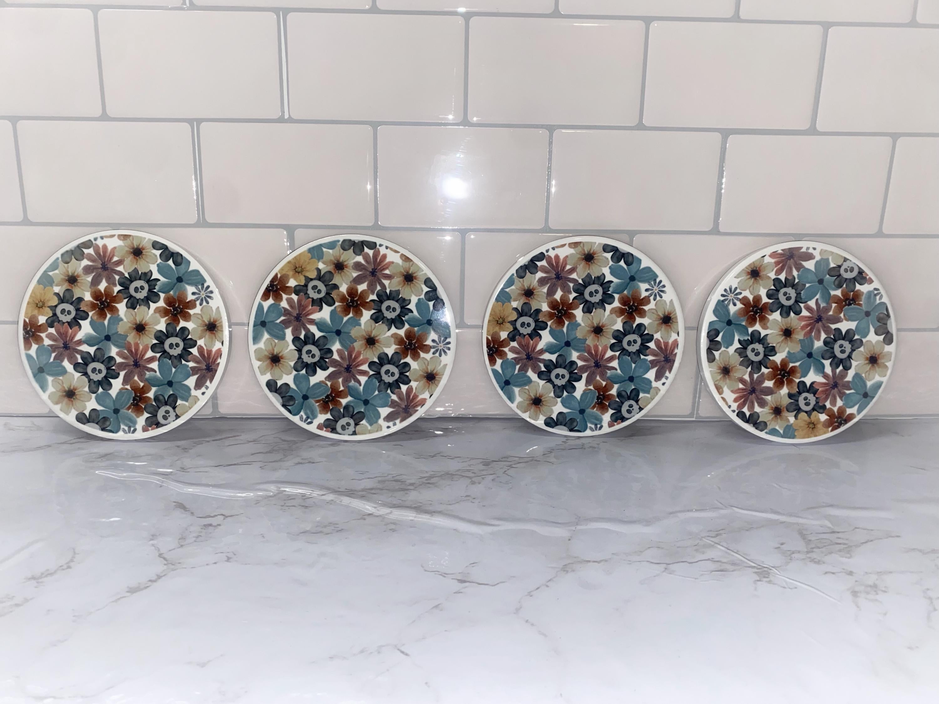 Fall Floral Skeleton Coasters: Spooky Halloween Decor, Set of 4