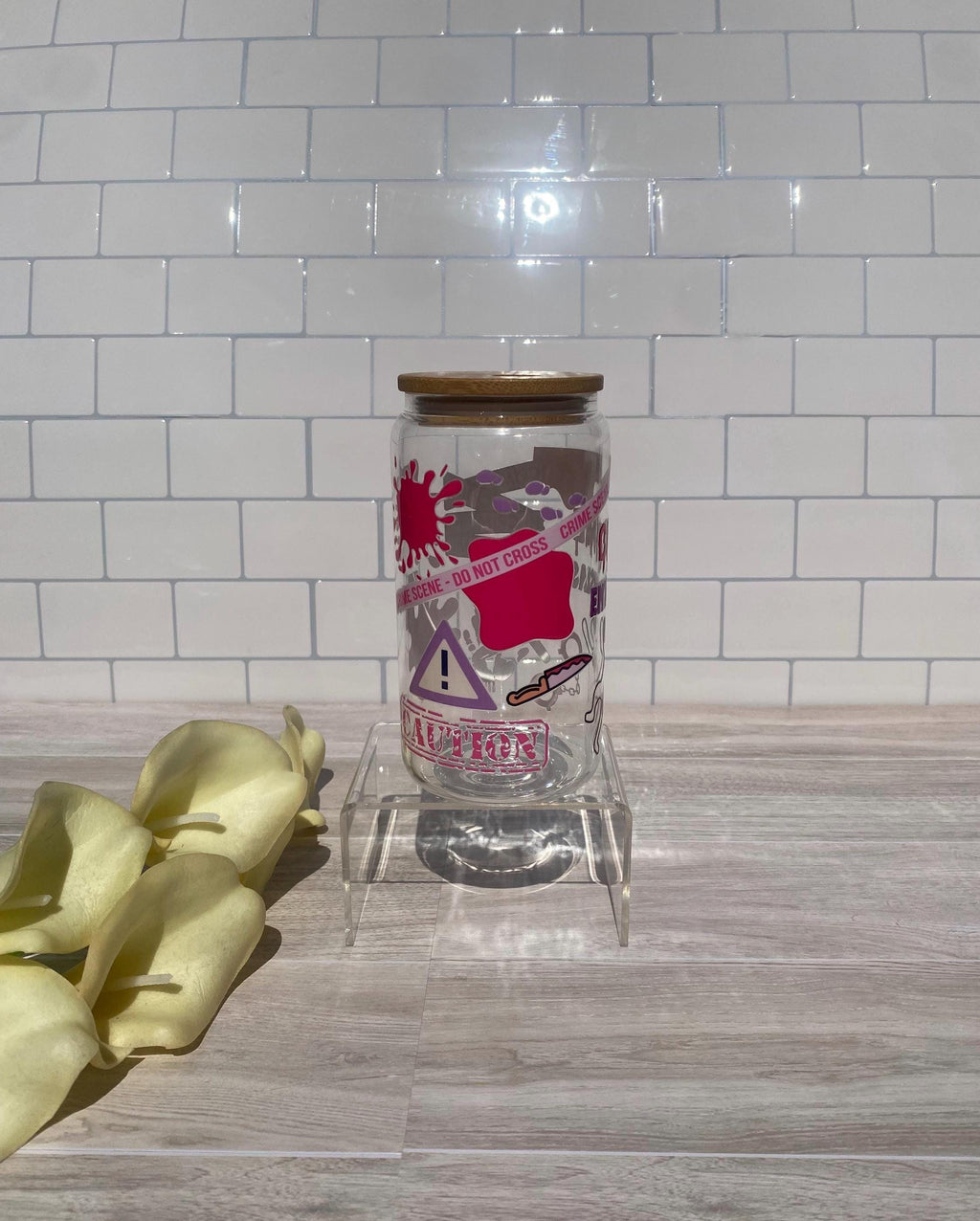Crime Enthusiast Glass Can Tumbler: Pink & Purple True Crime Gift