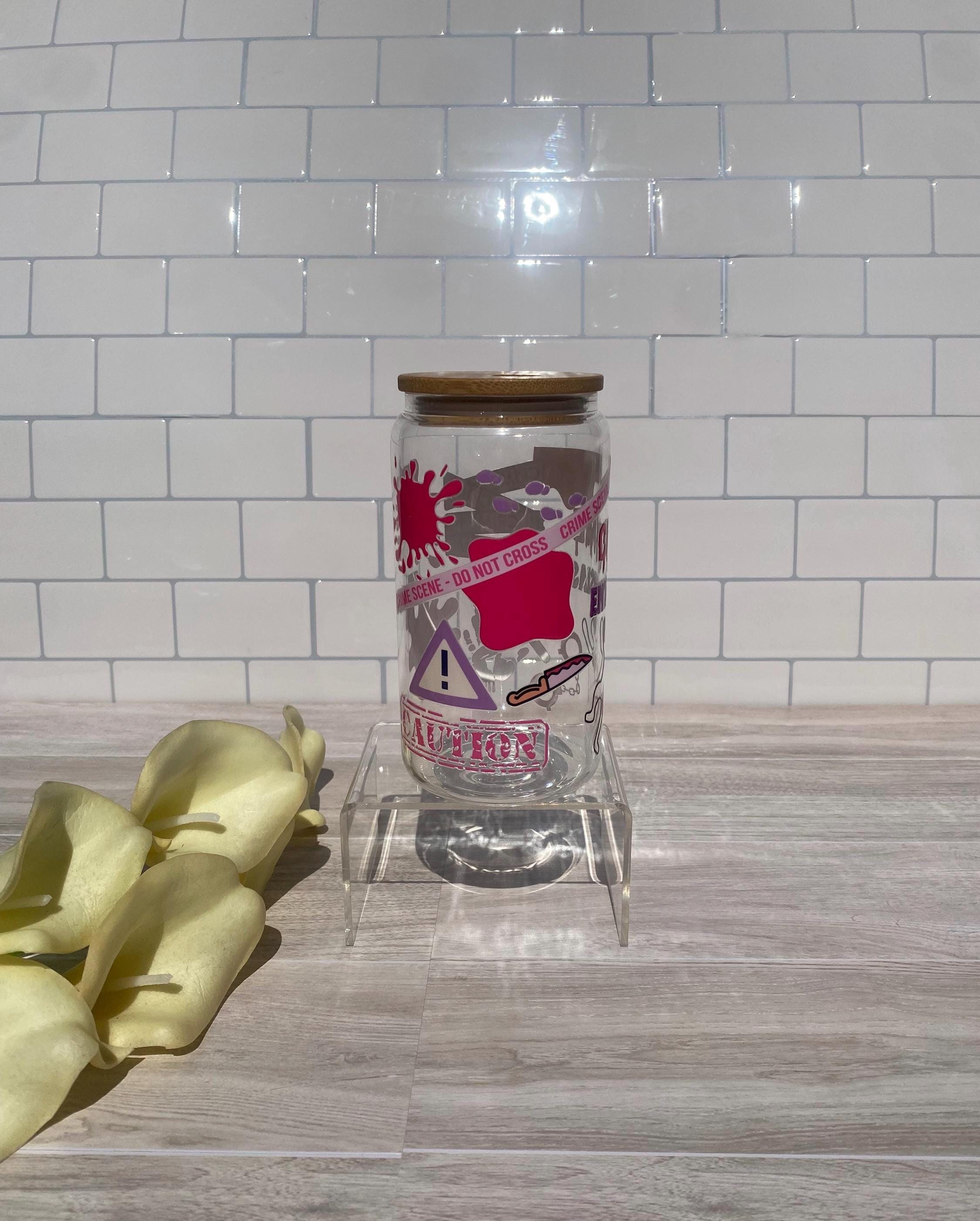 Crime Enthusiast Glass Can Tumbler: Pink & Purple True Crime Gift