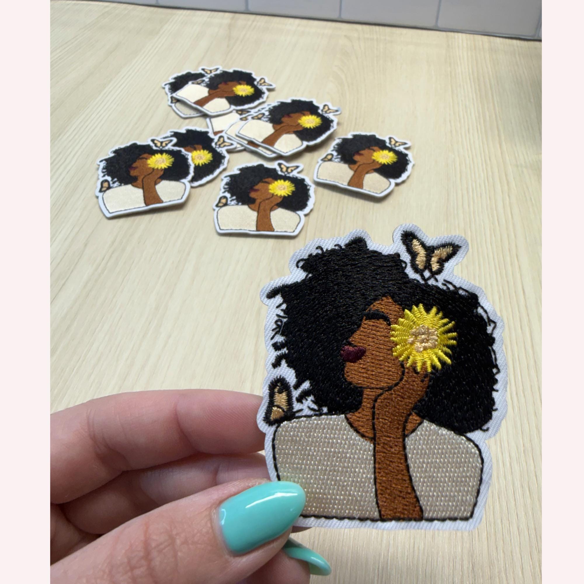 Natural Woman Patch with Sunflower – Embroidered Iron-On Patch | Natural Hair Beauty | Butterfly Aesthetic | Artistic Statement Patch