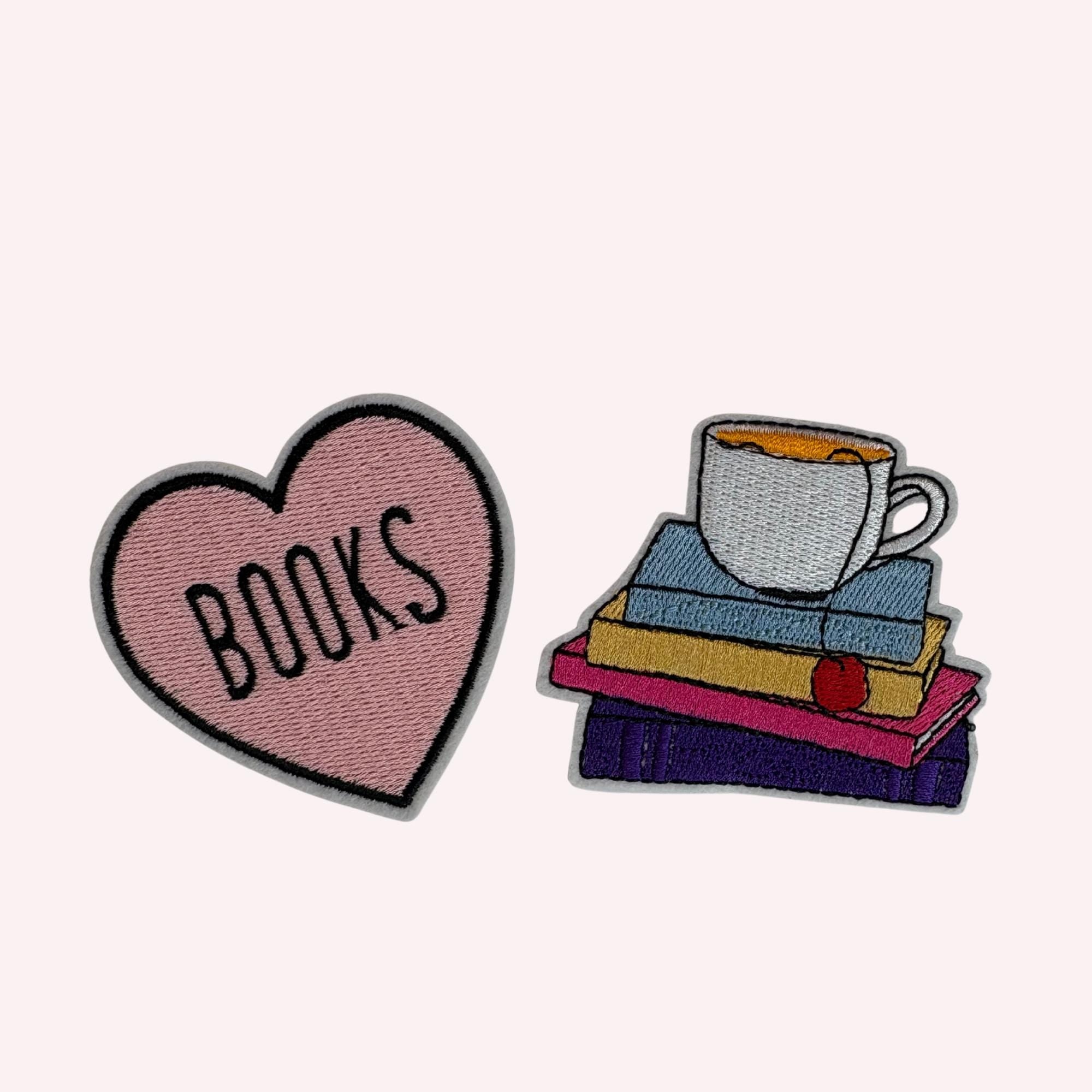 Books & Coffee Patch Duo Set (2–3.5”) | Iron-On Embroidery