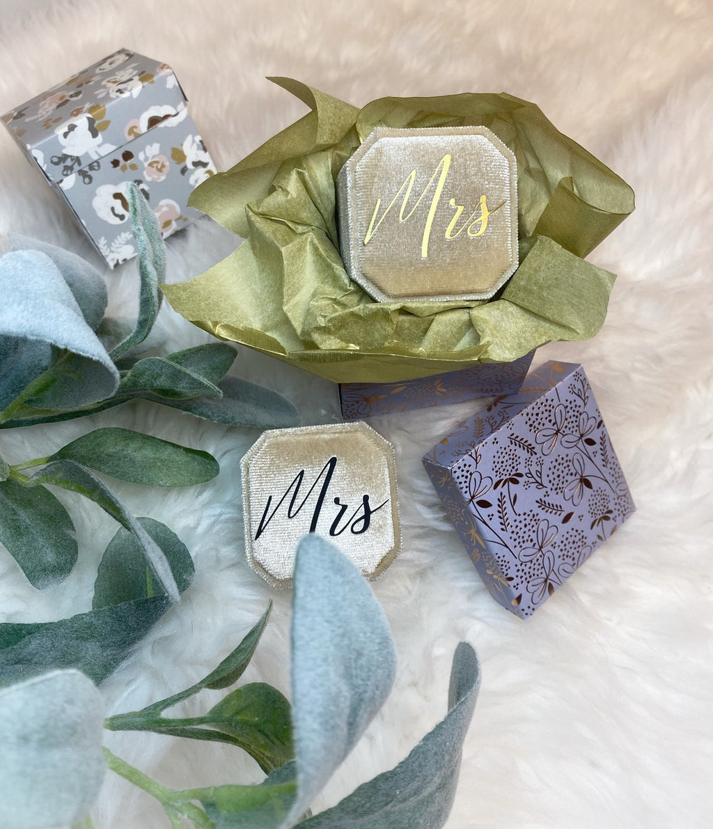 Corduroy Mrs. Ring Box: Bride Gift, Gold/Black Lettering