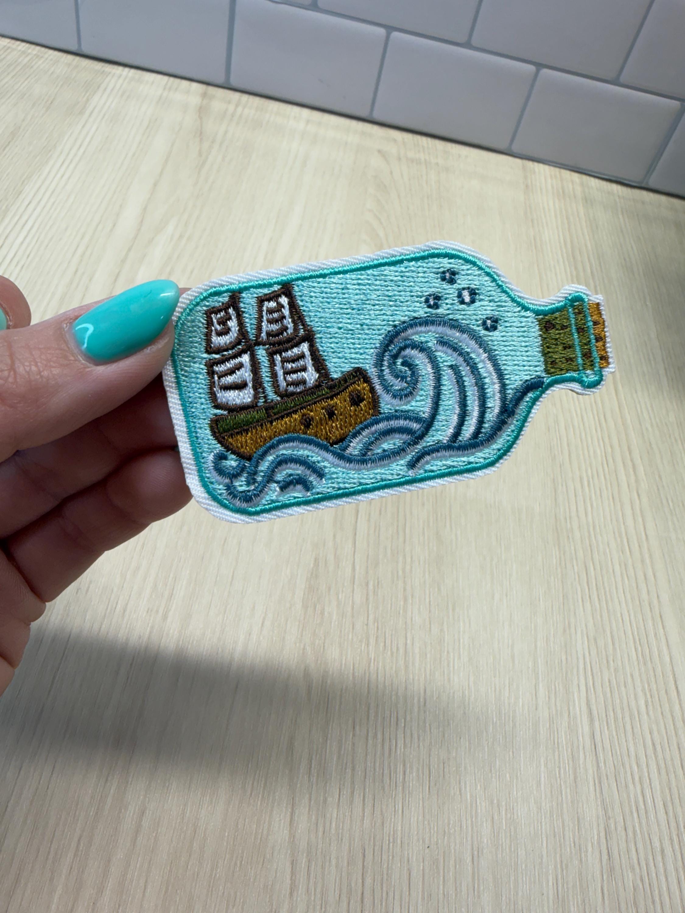 Ship in a Bottle Patch – Ocean Embroidered Iron-On Patch | Nautical Aesthetic | Vintage Maritime Patch | Coastal Vibes Badge