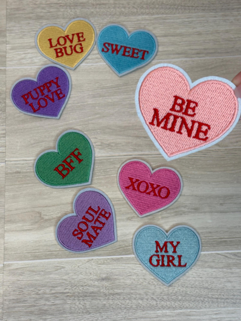 Candy Heart-Inspired Patch Set | Pastel Valentine Embroidery Appliques (2–3.5”)
