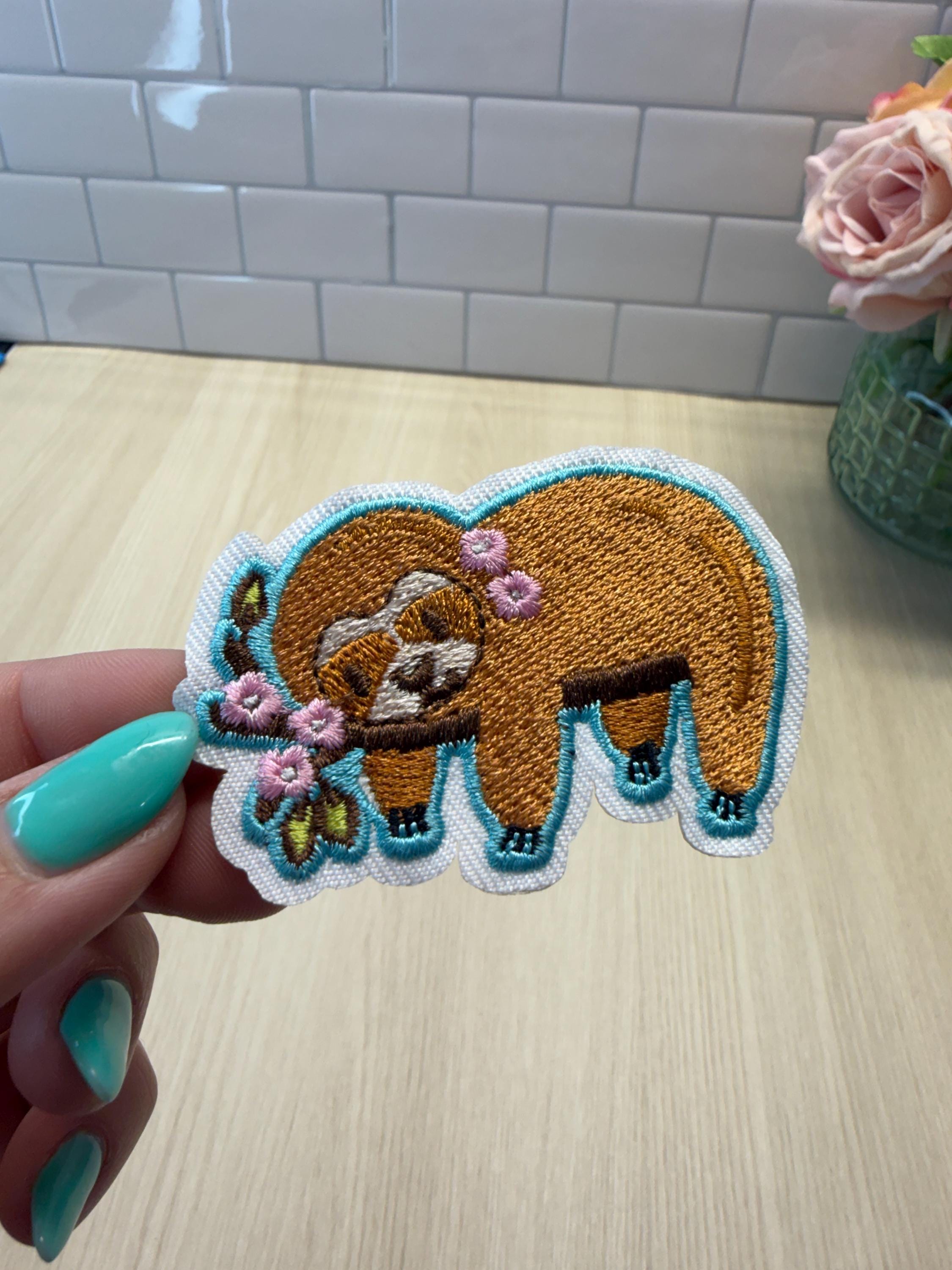 Cute Sloth Patch – Sloth on Branch with Pink Flowers Embroidered Iron-On Patch | Kawaii Animal Patch | Nature Lover Gift