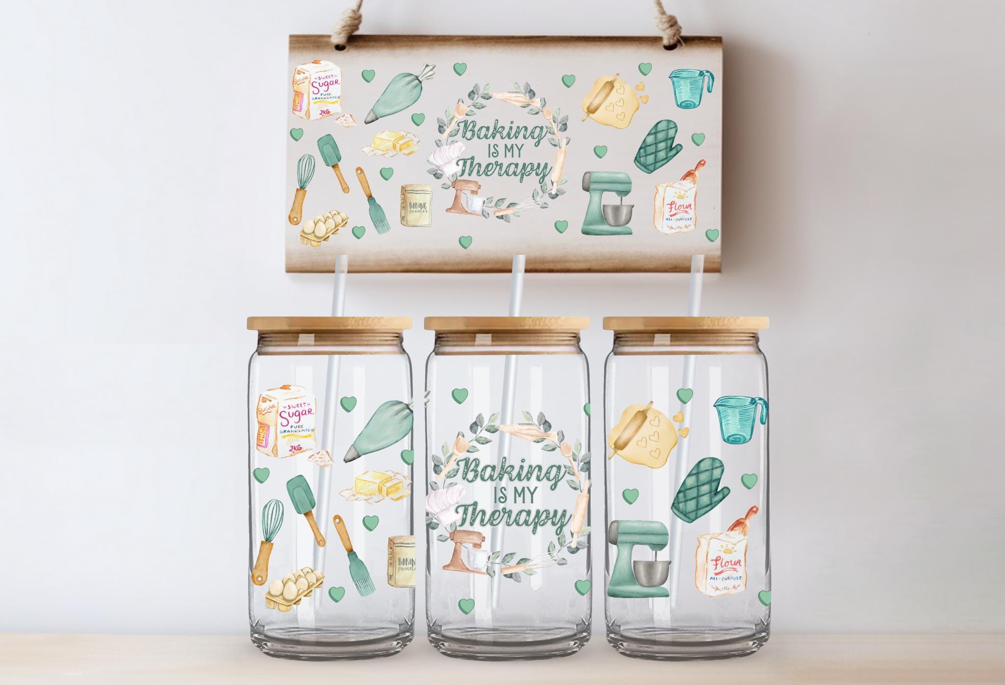 Baking Is My Therapy UV DTF Wrap Transfer: 16oz Glass Can Decal