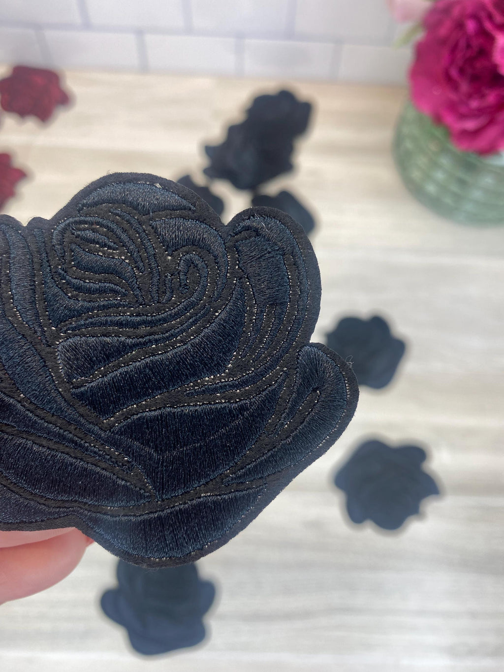 Embroidered Rose Iron On Patch: Black or Burgundy Flower Applique
