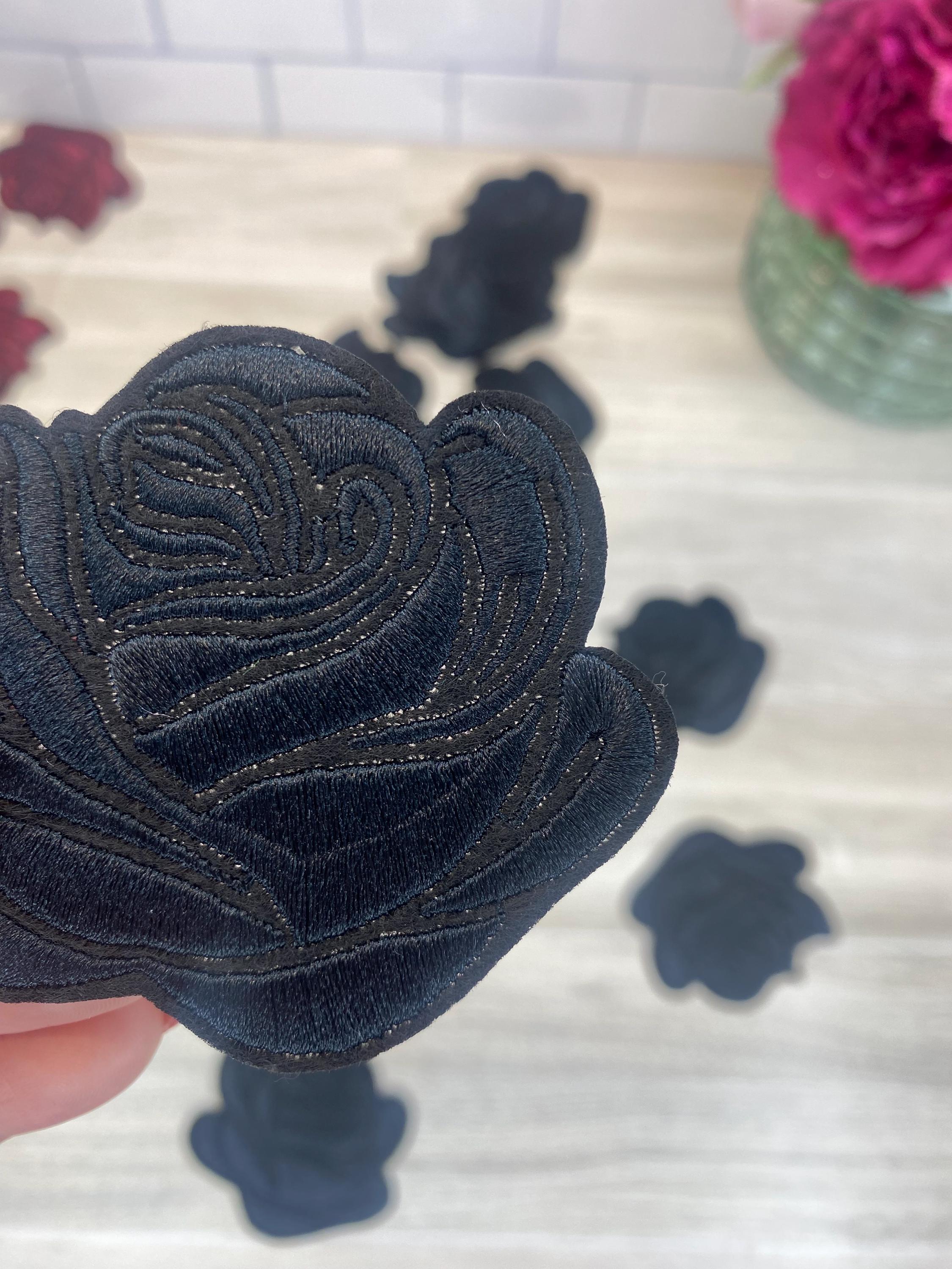 Embroidered Rose Iron On Patch: Black or Burgundy Flower Applique