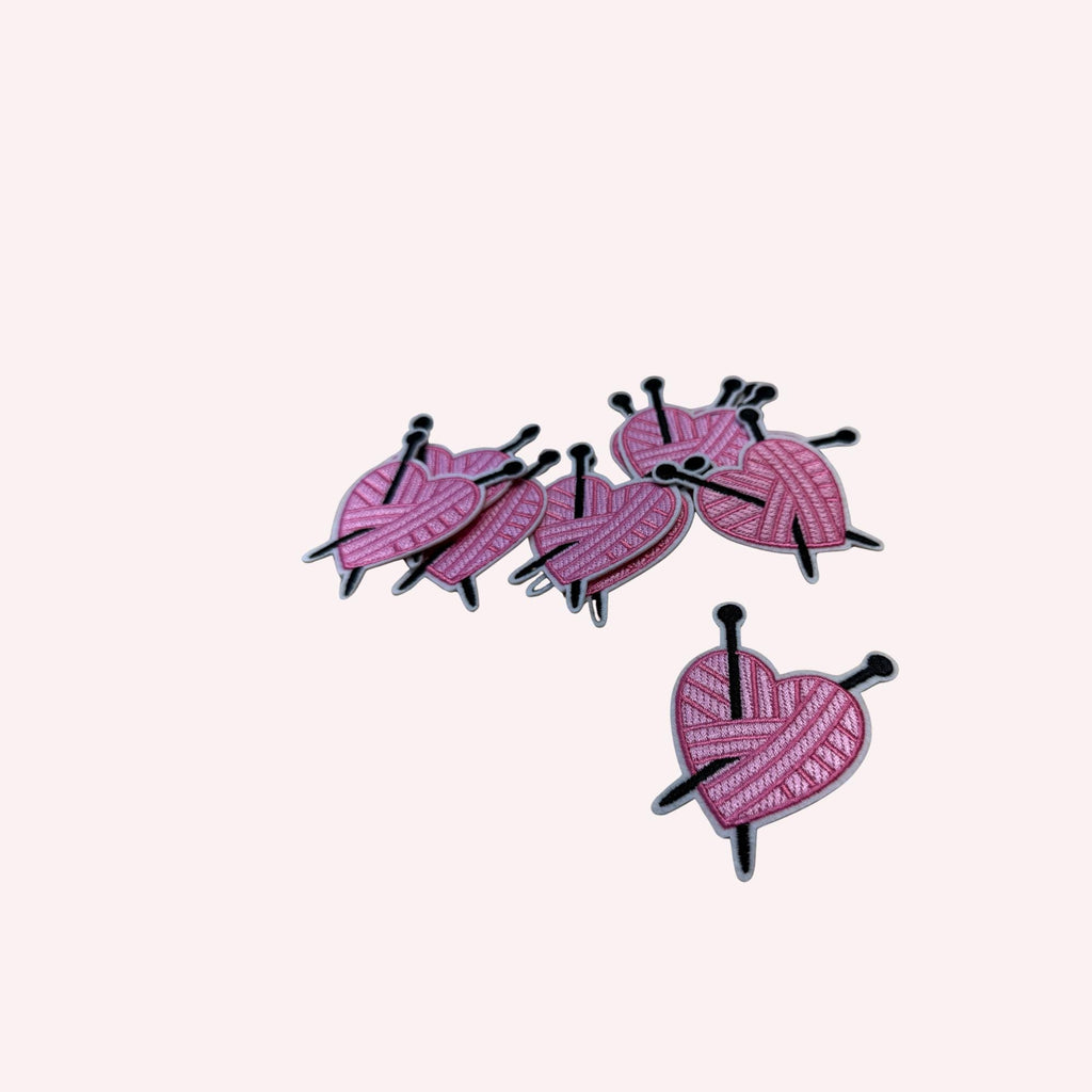 Heart-Shaped Yarn Roll with Knitting Sticks Iron-On Embroidery Patch