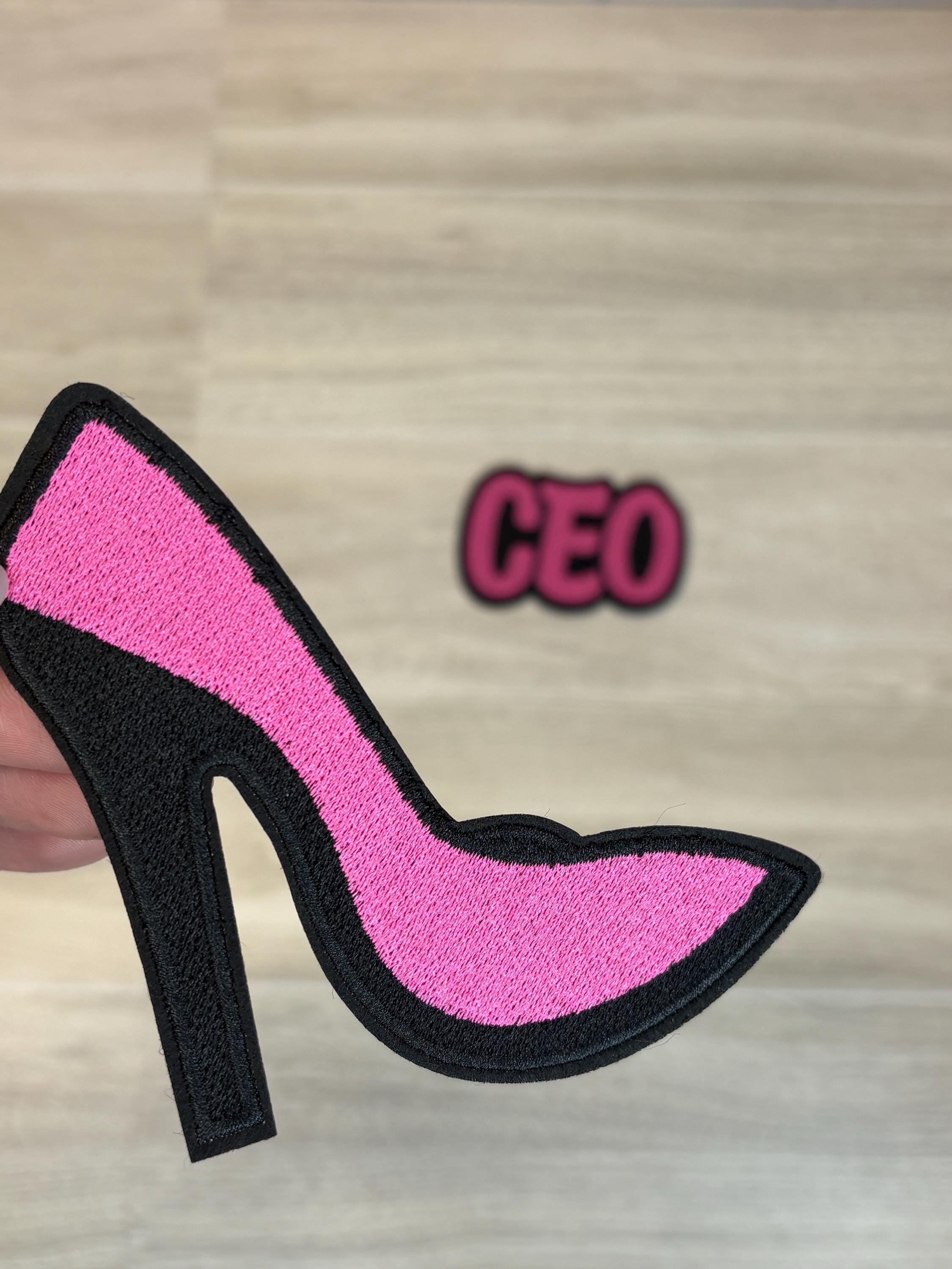 Pink & Black CEO + High Heel Shoe Patch Set | Iron-On Embroidery Duo