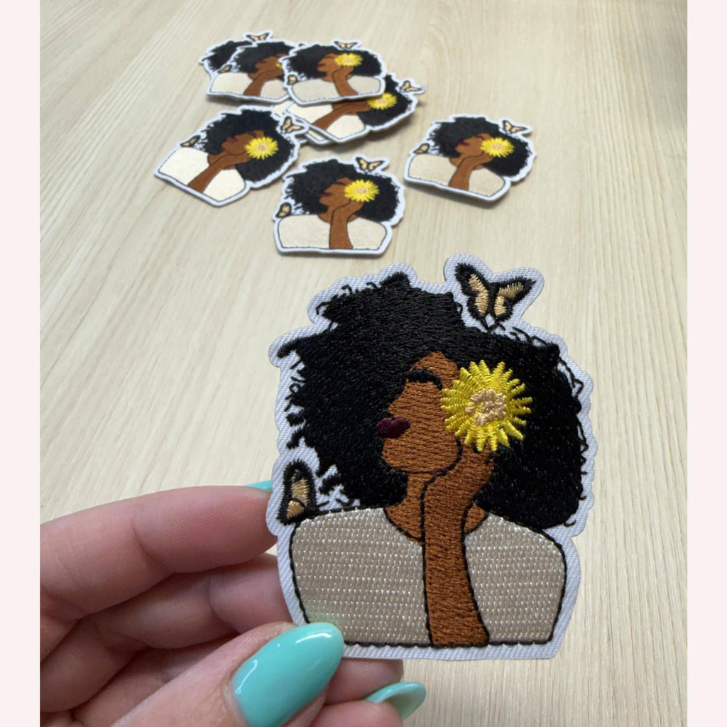 Natural Woman Patch with Sunflower – Embroidered Iron-On Patch | Natural Hair Beauty | Butterfly Aesthetic | Artistic Statement Patch