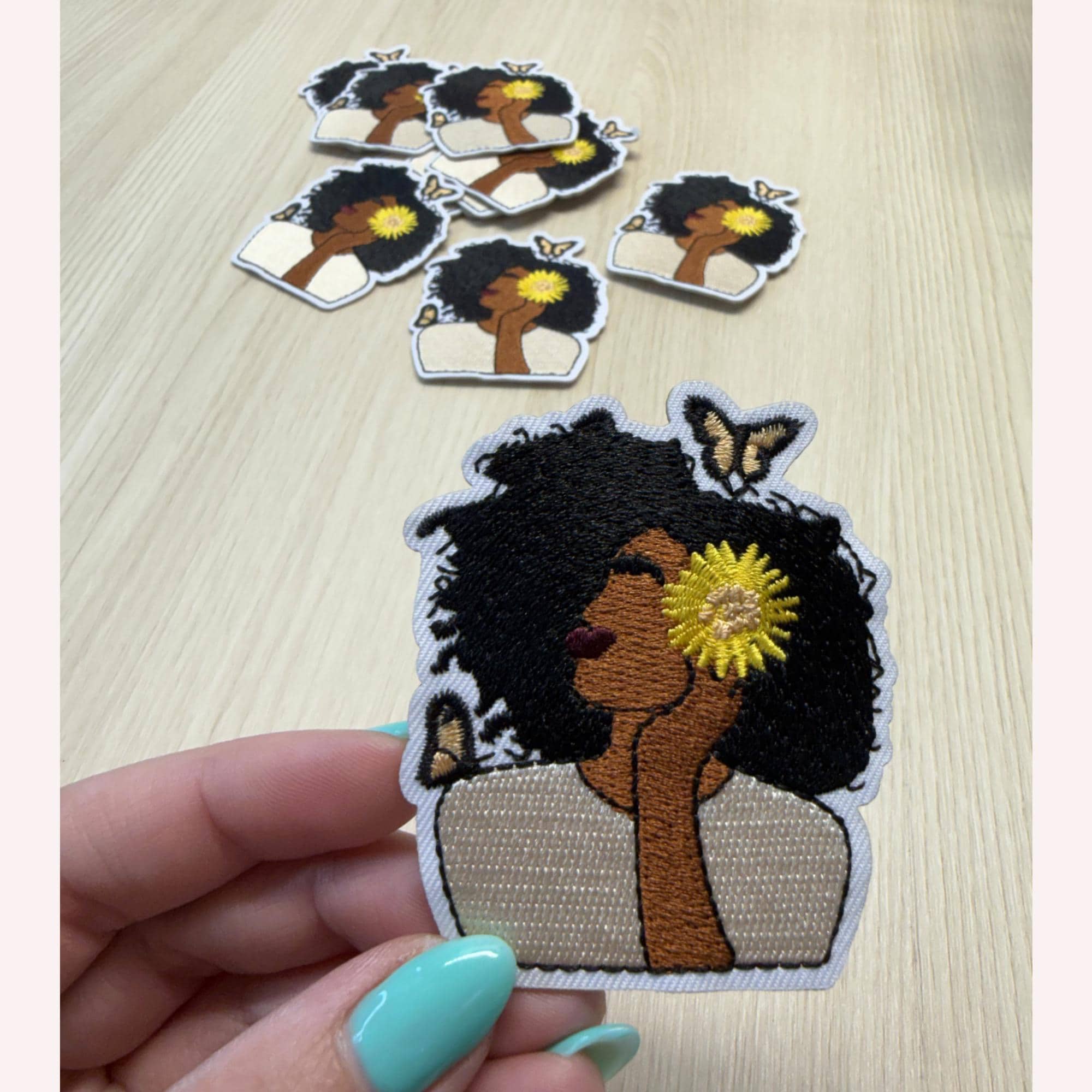 Natural Woman Patch with Sunflower – Embroidered Iron-On Patch | Natural Hair Beauty | Butterfly Aesthetic | Artistic Statement Patch