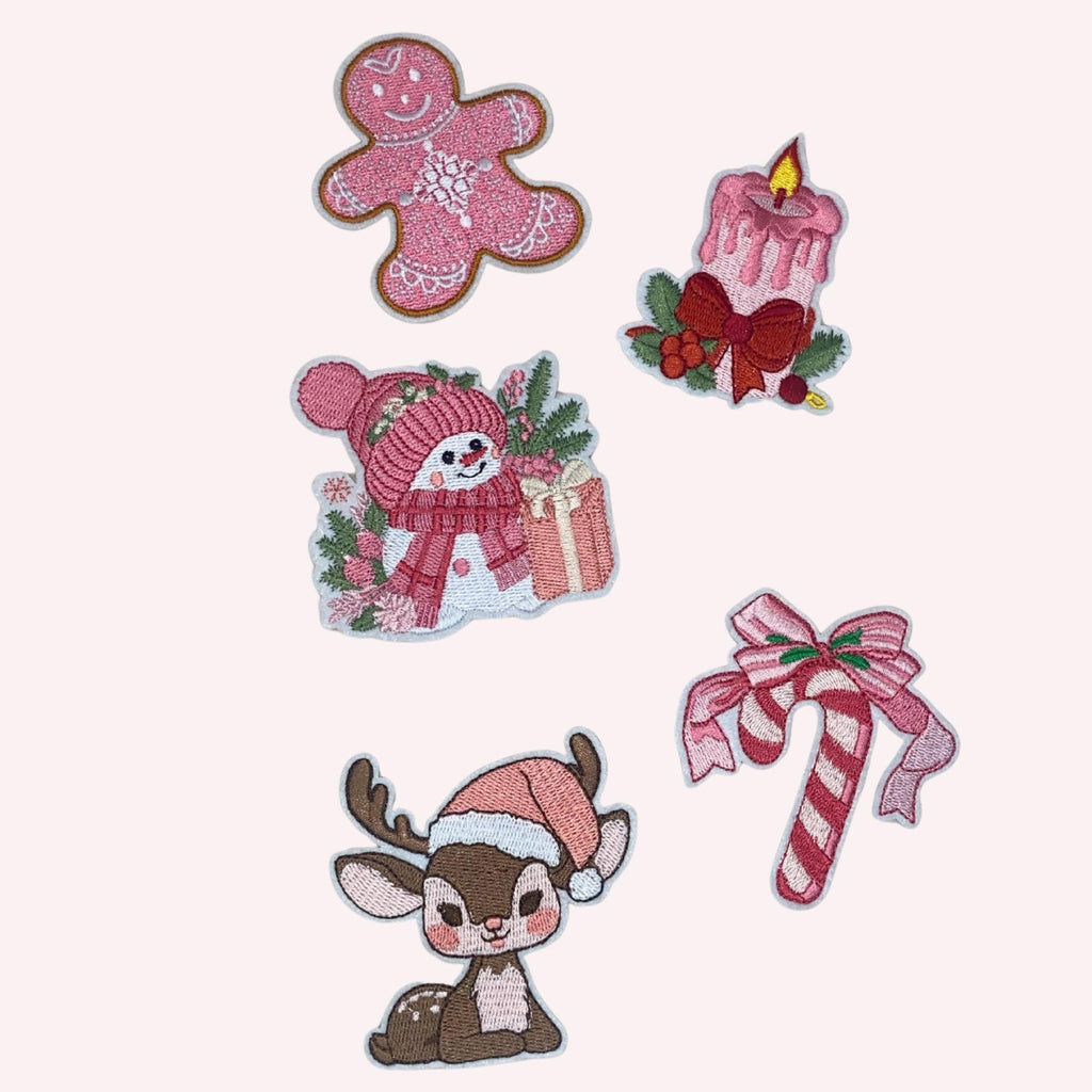 Pink Christmas Iron On Patch Set – 5 Piece Embroidered Holiday Patches