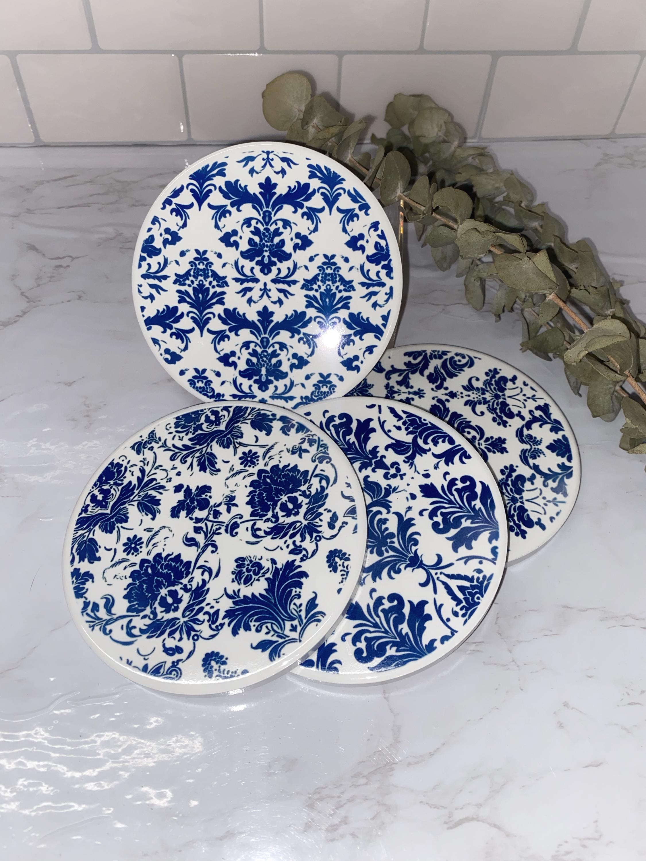 Blue Damask Coasters: Elegant Classic Pattern Home Decor
