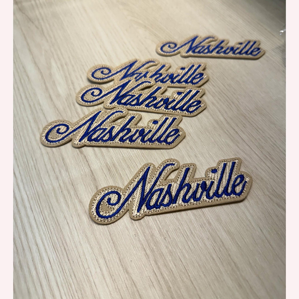 Nashville Patch – Navy Lettering on Beige Embroidered Iron-On Patch | Classy Western Aesthetic | Country Concert Outfit Accessory