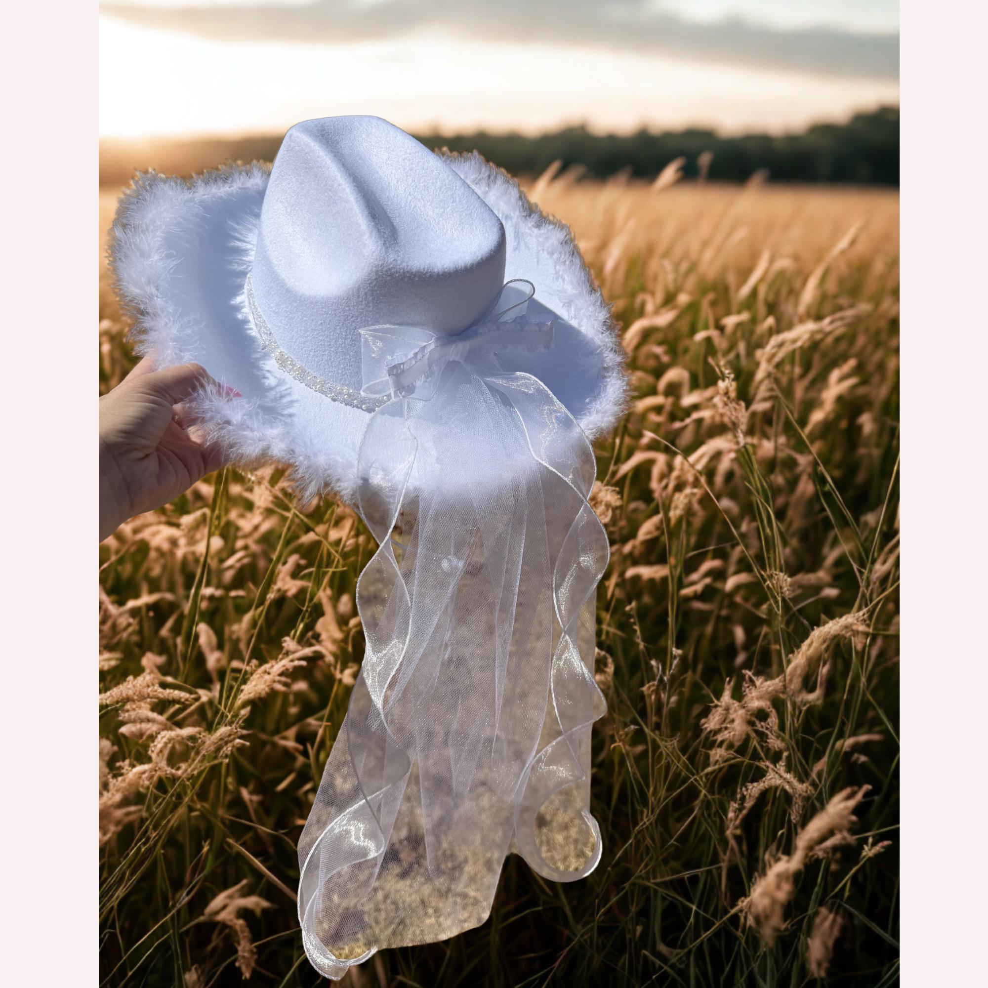 The Classic Hat, White Cowgirl Bride Hat with Veil & Bow, Bridal Cowgirl Hat, Bachelorette Hat, Wedding Photo Prop | Western Bride