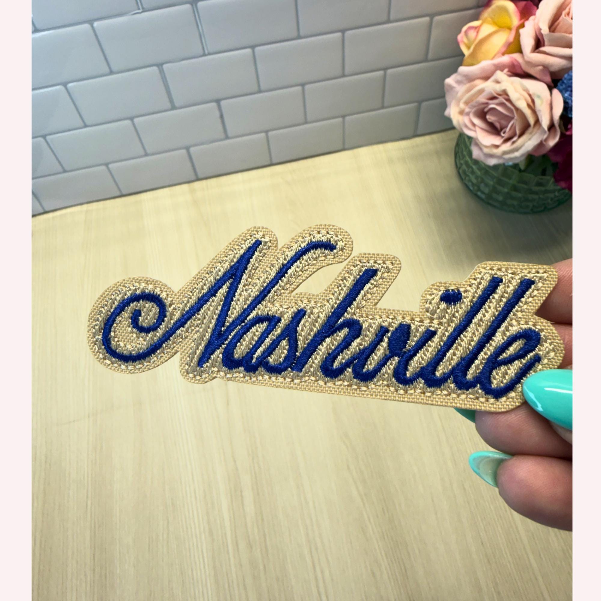 Nashville Patch – Navy Lettering on Beige Embroidered Iron-On Patch | Classy Western Aesthetic | Country Concert Outfit Accessory