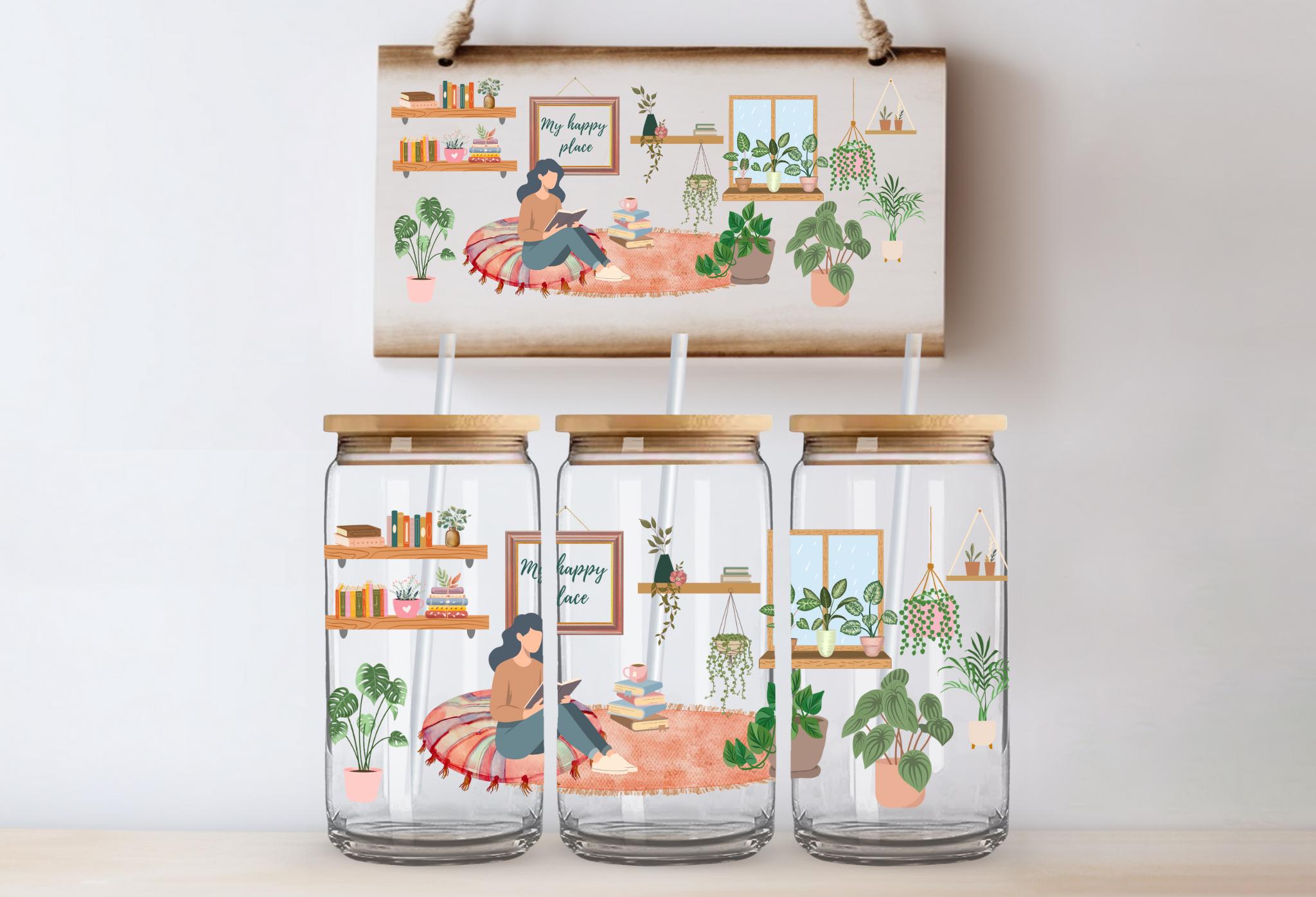 Plant Lover, My Happy Place, Sitting with plants, - 16 ounce beer can glass