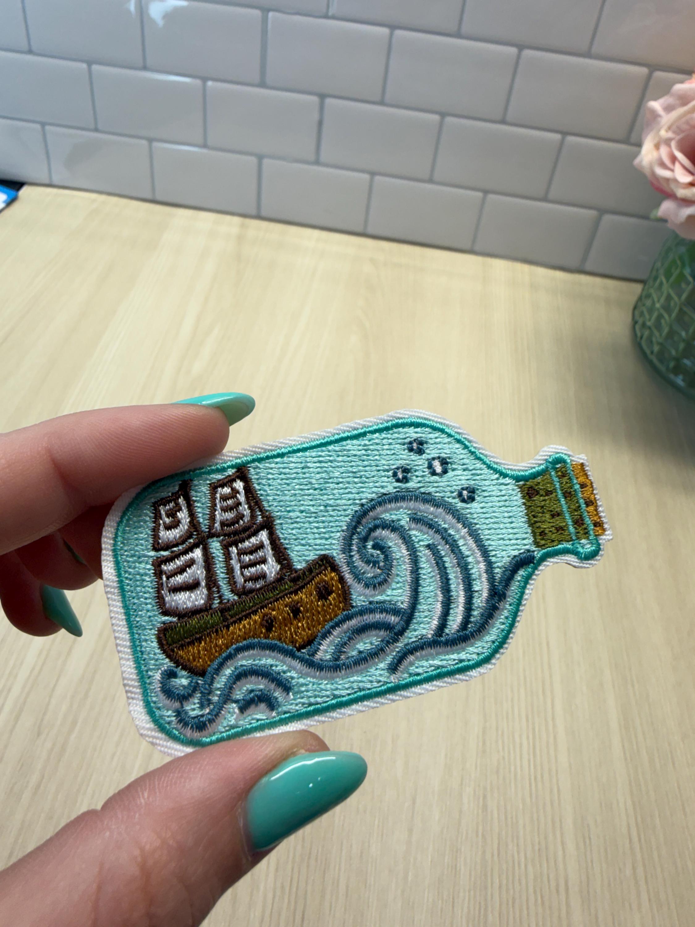 Ship in a Bottle Patch – Ocean Embroidered Iron-On Patch | Nautical Aesthetic | Vintage Maritime Patch | Coastal Vibes Badge