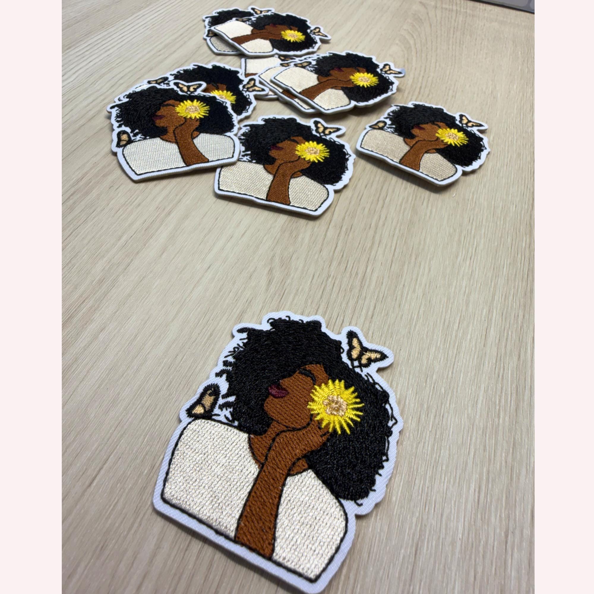 Natural Woman Patch with Sunflower – Embroidered Iron-On Patch | Natural Hair Beauty | Butterfly Aesthetic | Artistic Statement Patch