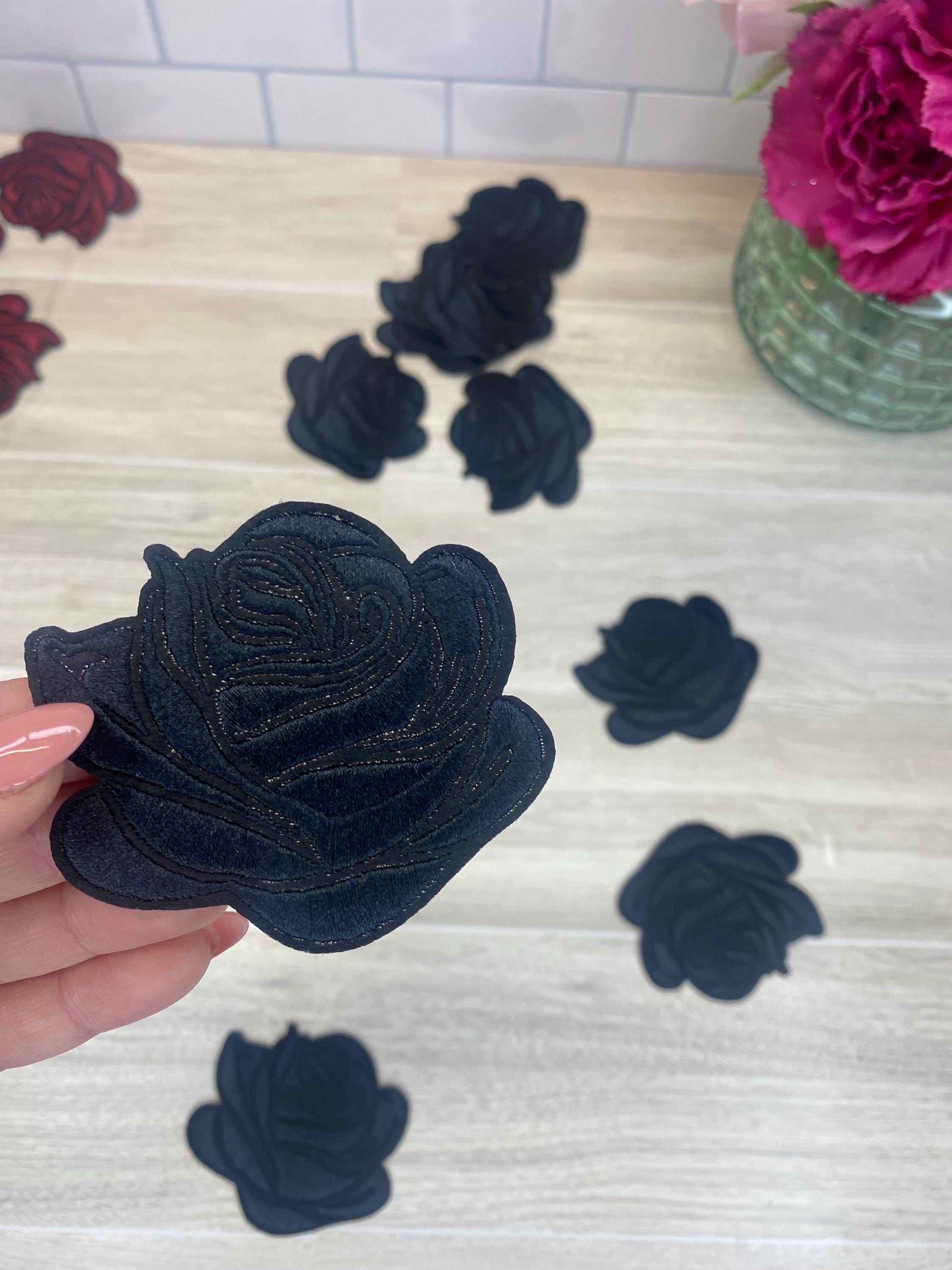 Embroidered Rose Iron On Patch: Black or Burgundy Flower Applique