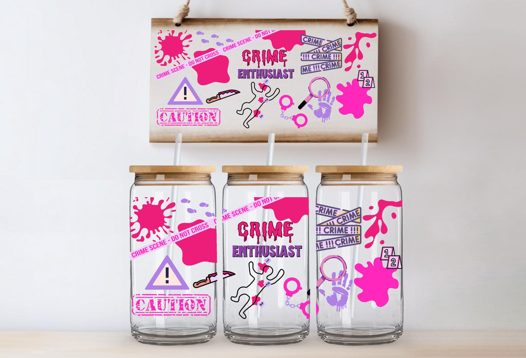 Crime Enthusiast Glass Can Tumbler: Pink & Purple True Crime Gift