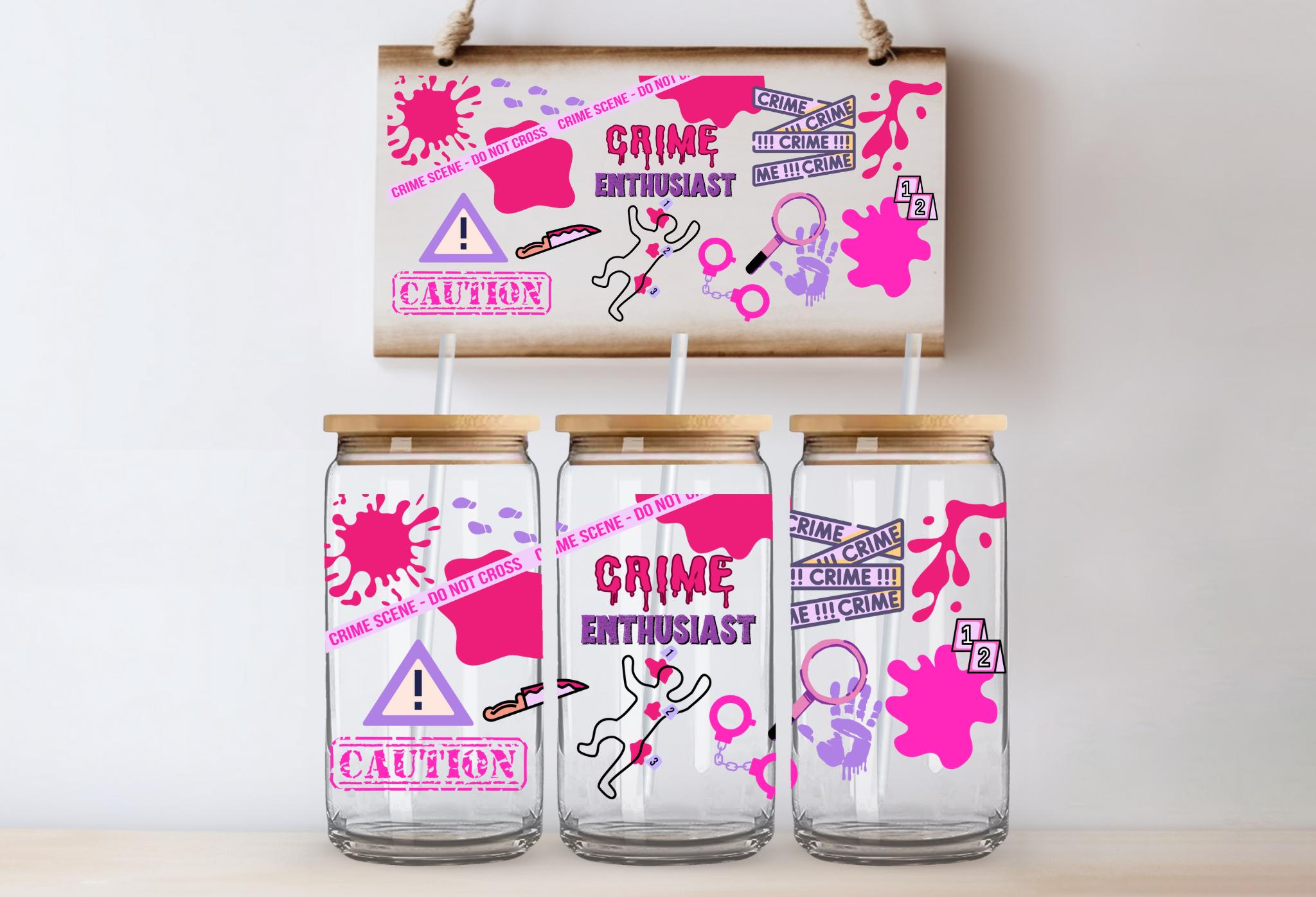 Crime Enthusiast Glass Can Tumbler: Pink & Purple True Crime Gift