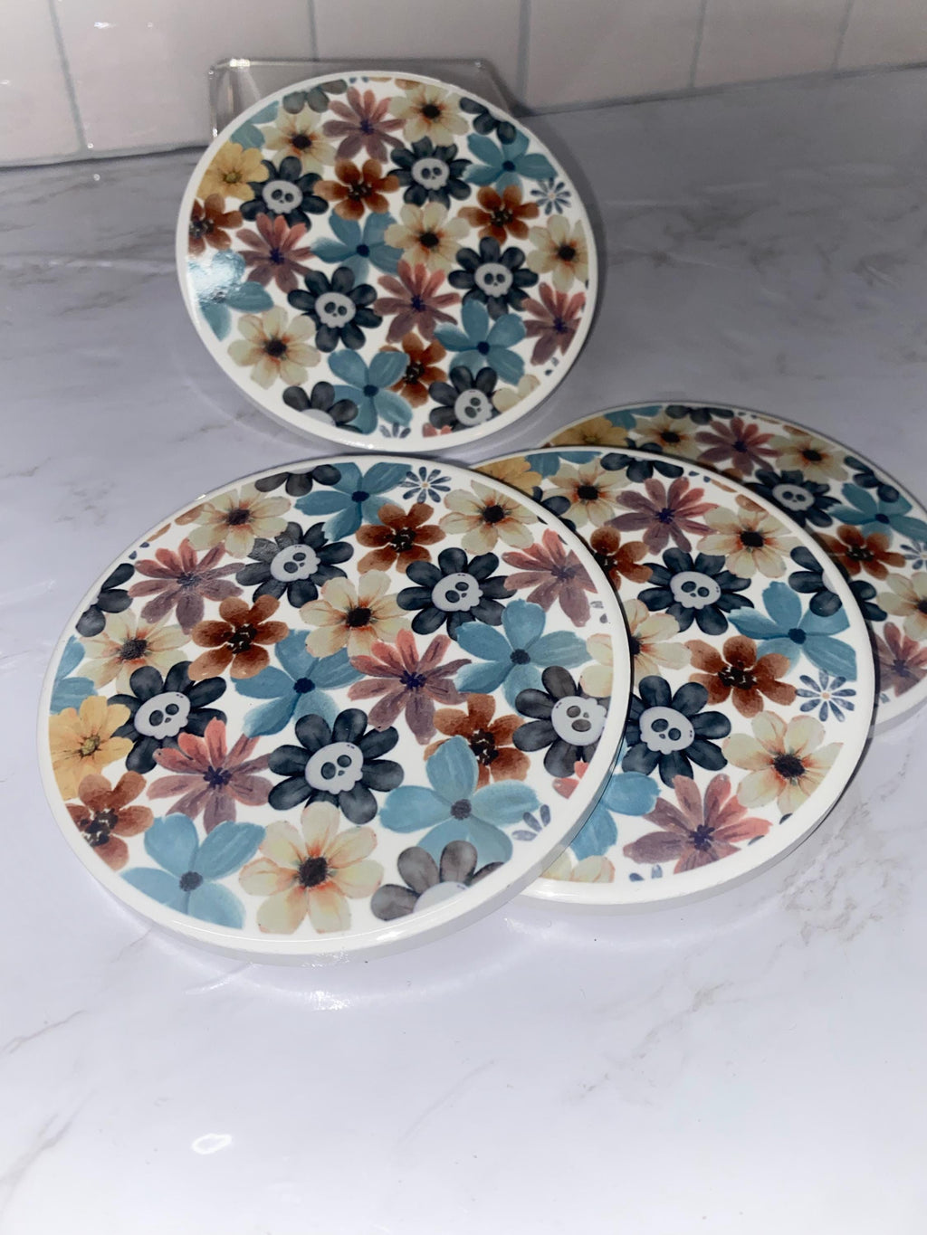 Fall Floral Skeleton Coasters: Spooky Halloween Decor, Set of 4