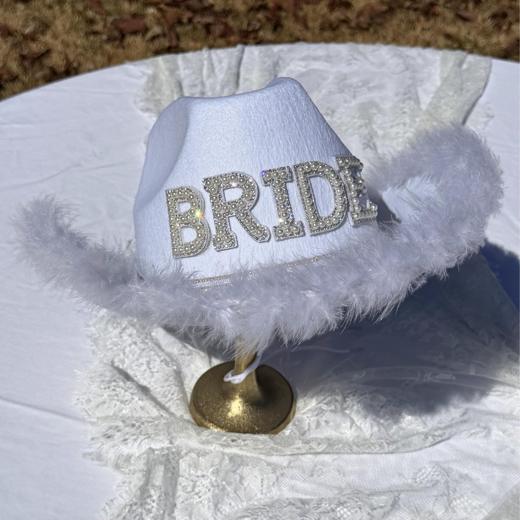 The Party Hat | Bride Cowgirl Hat with Pearl Lettering | White Western Bride Hat | Bachelorette Hat | Bridal Party Hat | Nashville Bride