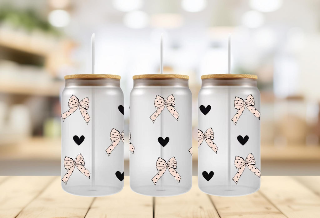 Pink Polka Dot Bows & Black Hearts UVDTF Wrap - 16 oz Cup