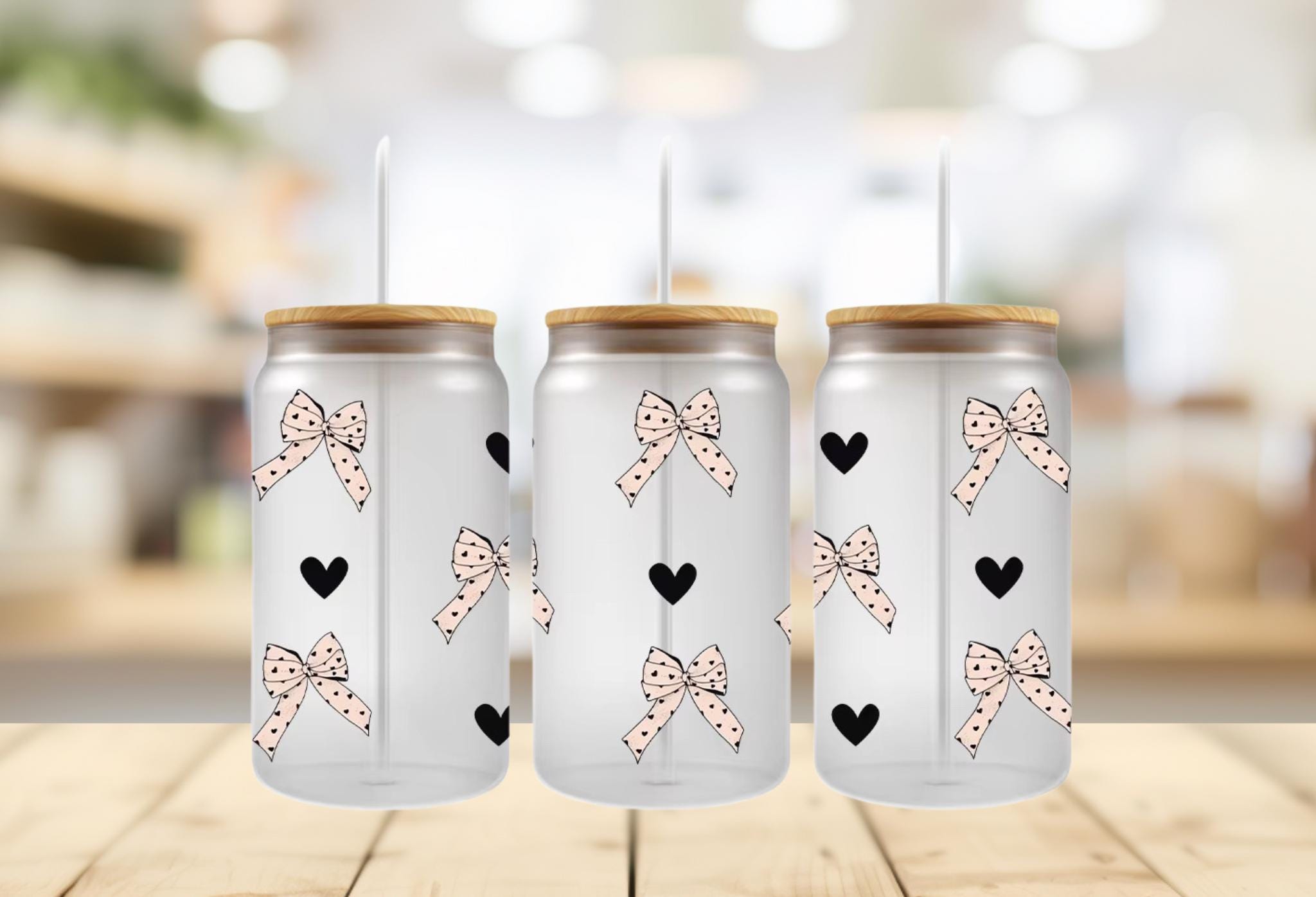Pink Polka Dot Bows & Black Hearts UVDTF Wrap - 16 oz Cup