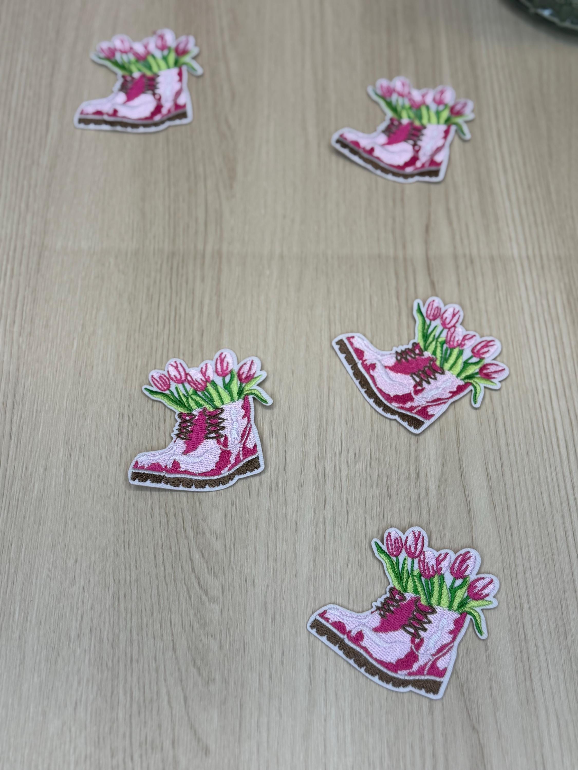 Cute Pink Boots with Tulips Iron-On Patch | Girly Floral Embroidered Patch | Soft Feminine Aesthetic