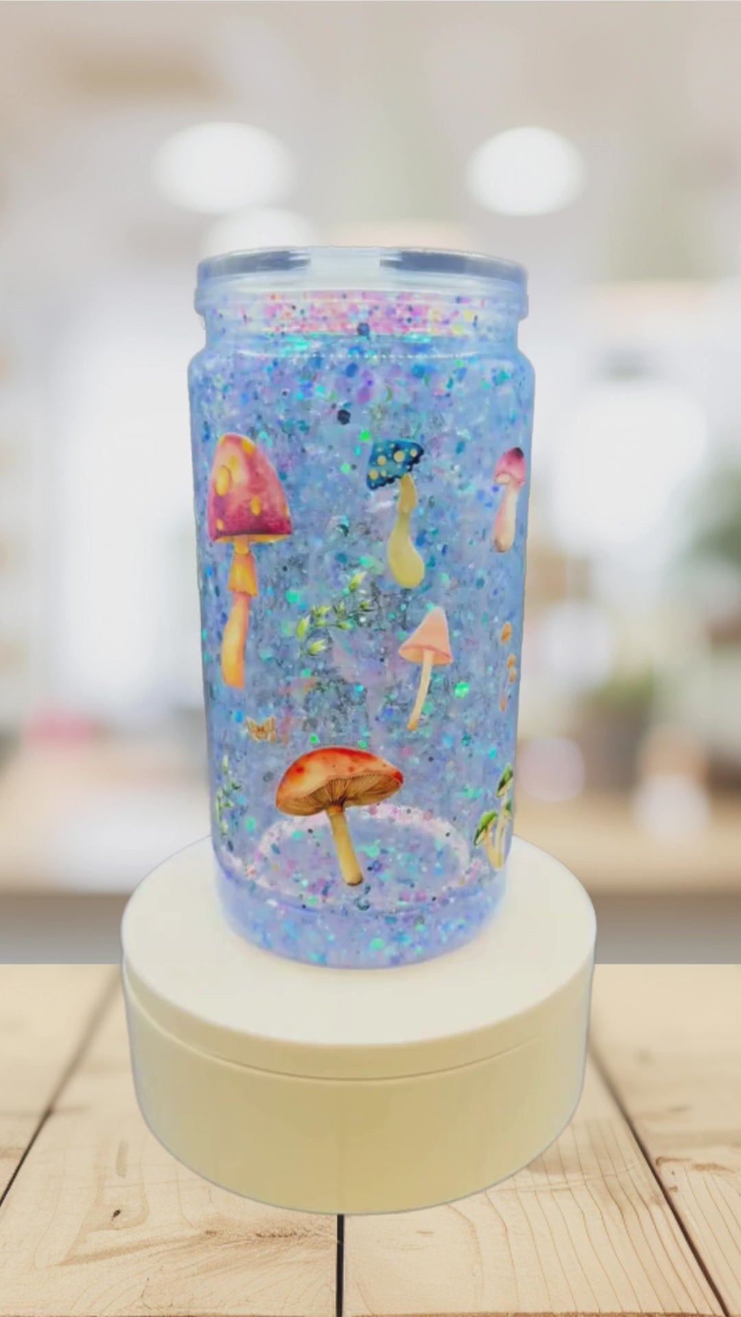 Mushroom Garden Snow Globe Tumbler – 16 oz Glitter Cup, Cottagecore Tumbler, Mushroom Lover Gift