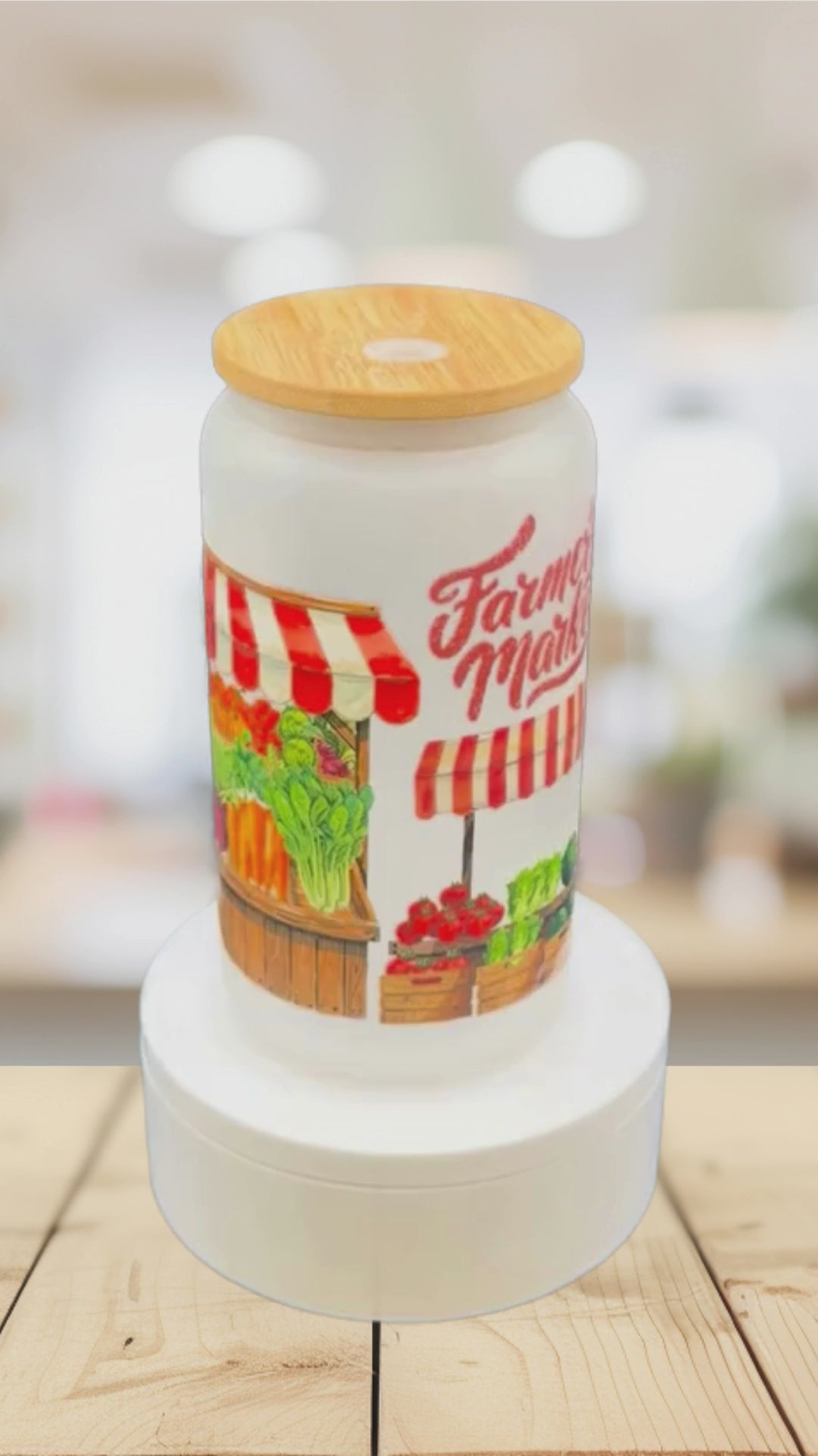 Farmers Market Frosted Glass Tumbler – 16 oz Farm Fresh Cup – Apple Pie & Produce Design – Fall Glass Can Cup – Original Design