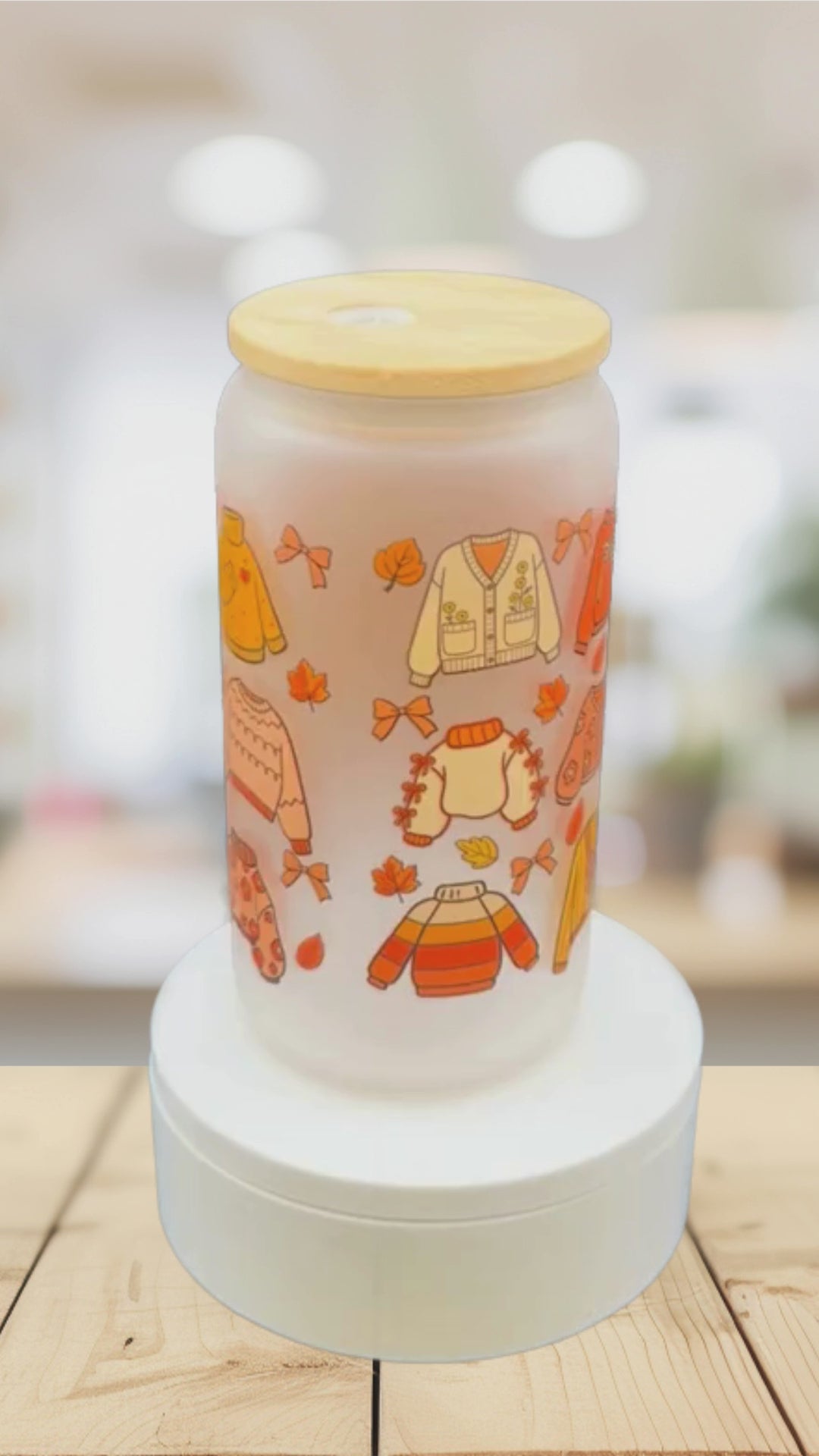 Cozy Fall Sweaters Frosted Glass Tumbler – 16 oz Autumn Cup – Cute Sweater Glass Can – Fall Iced Coffee Cup – Original Design