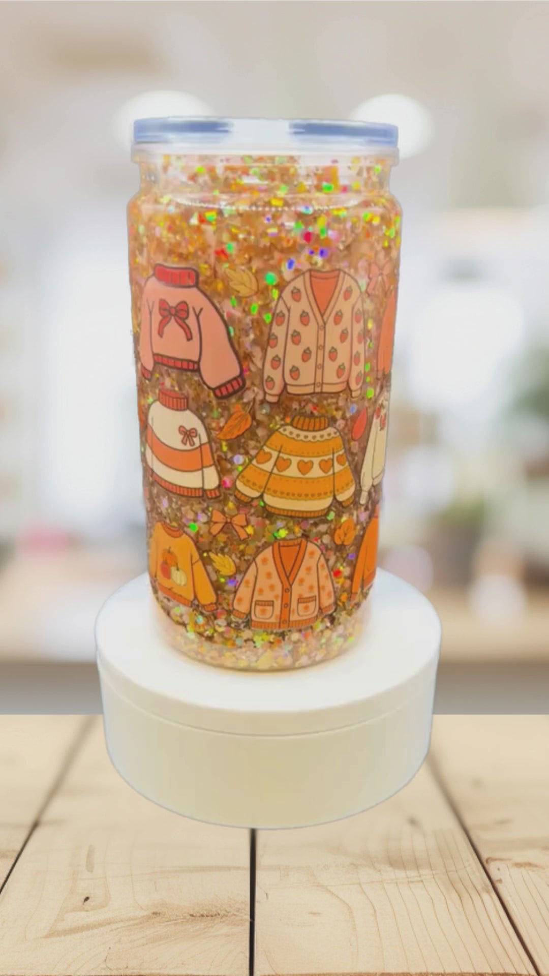 Cozy Fall Sweaters Snow Globe Tumbler – 16 oz Glitter Cup, Exclusive Autumn Design, Fall Iced Coffee Cup