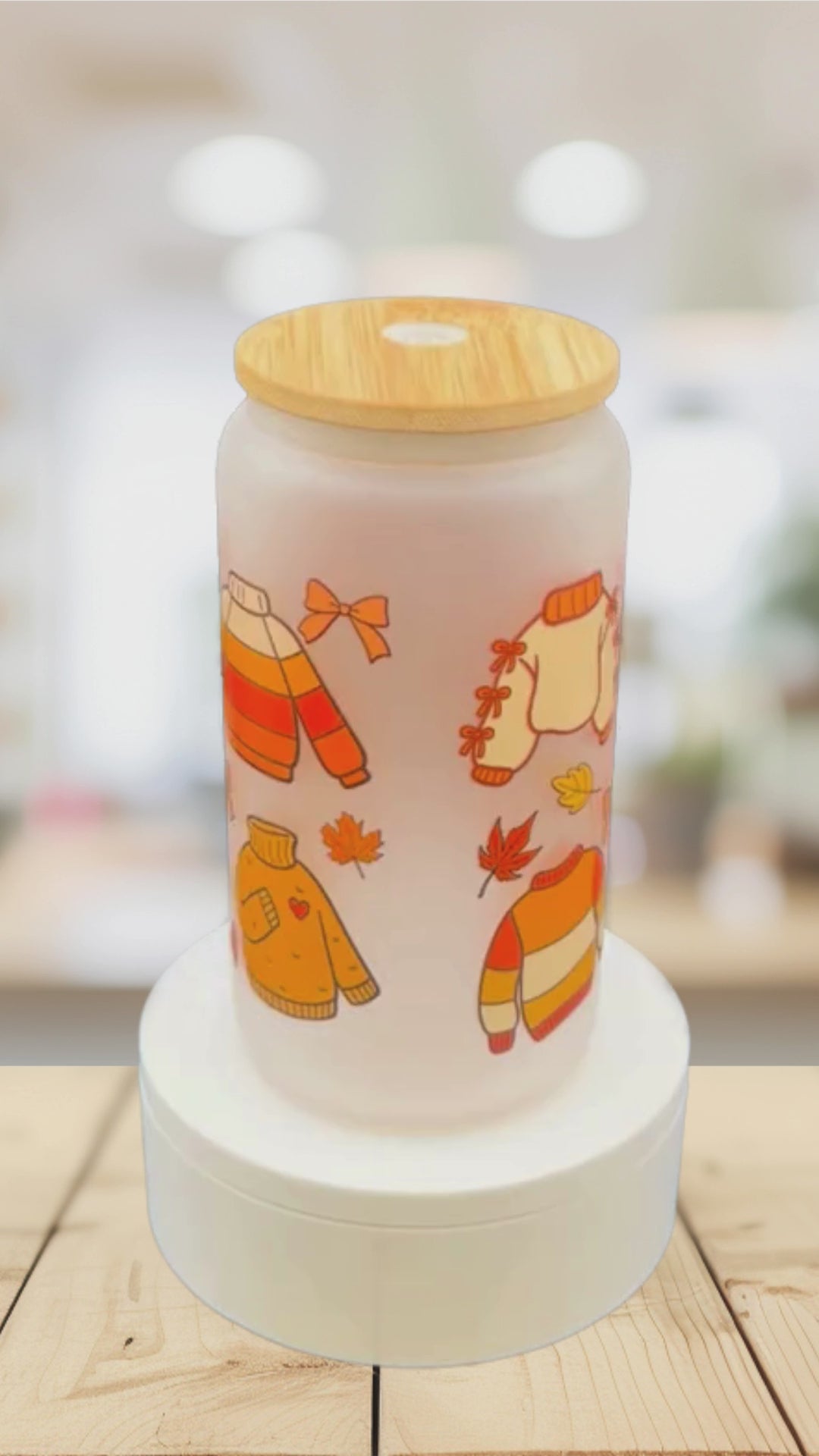 Sweater Weather Frosted Glass Tumbler – 16 oz Fall Cup – Cozy Autumn Sweater Glass Can – Orange Fall Drinkware – Original Design