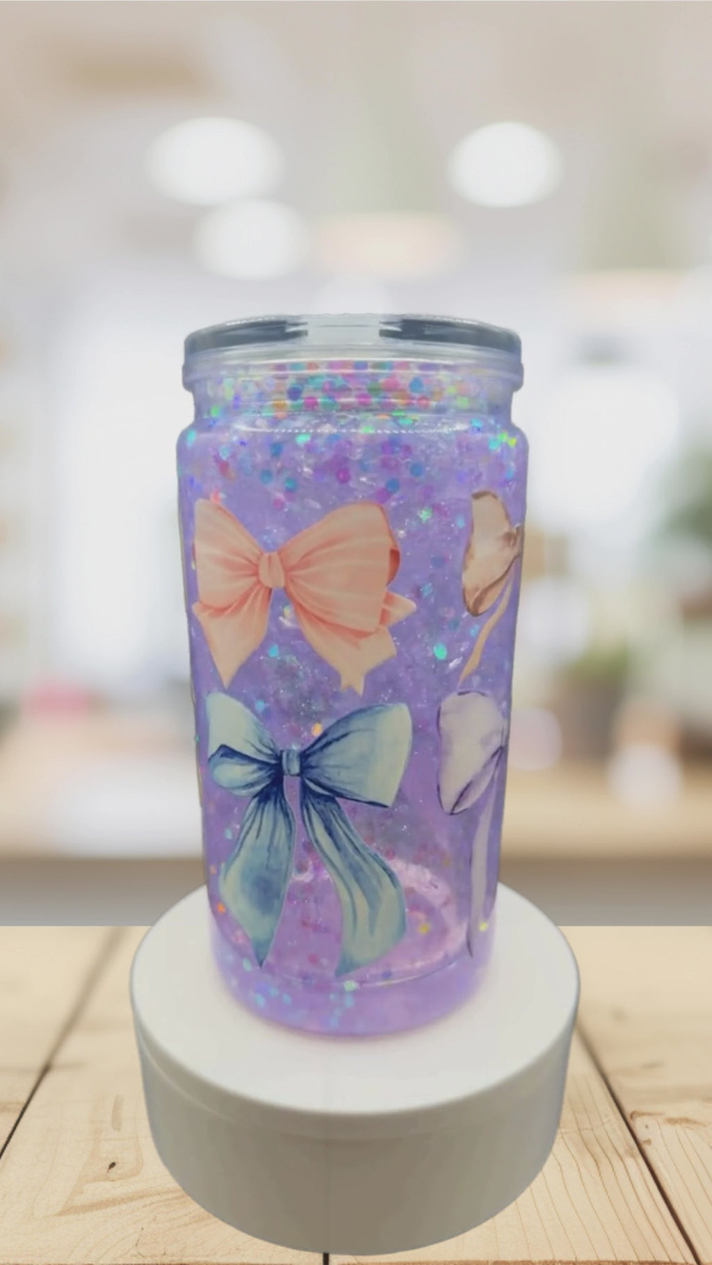Pastel Bow Snow Globe Tumbler – 16 oz Purple Glitter Cup, Coquette Bow Tumbler, Girly Gift